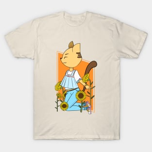 Cartoon anthropomorphic cat in sunflower patch T-Shirt